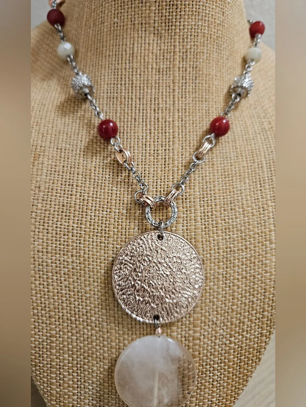 CHICO'S MEDALLION SILVER-TONE ROSE GOLD GLASS BEADS  BOHEMIAN LONG NECKLACE
